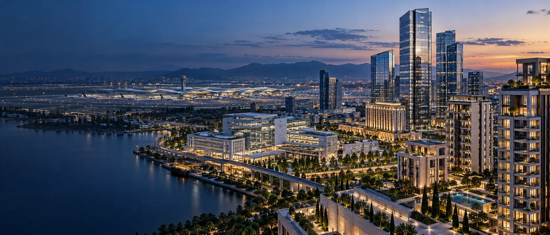 Distretto contemporaneo con grattacieli, hotel, ospedale e aeroporto