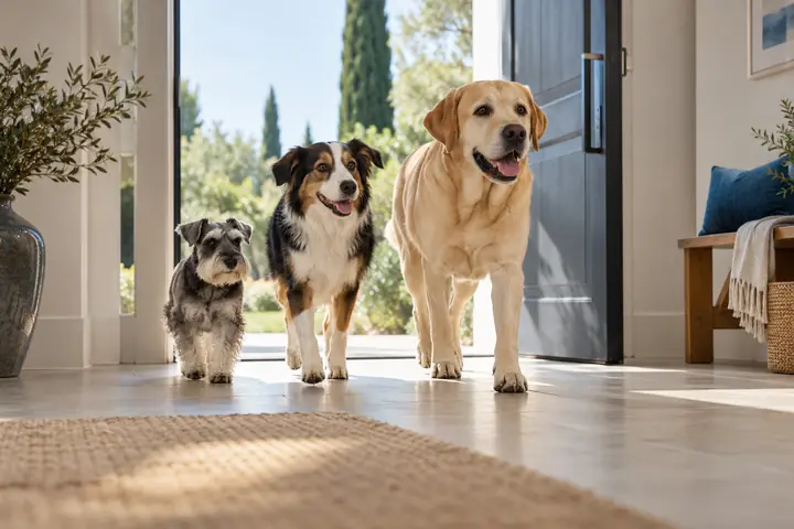 Tre cani di taglia piccola, media e grande entrano in casa
