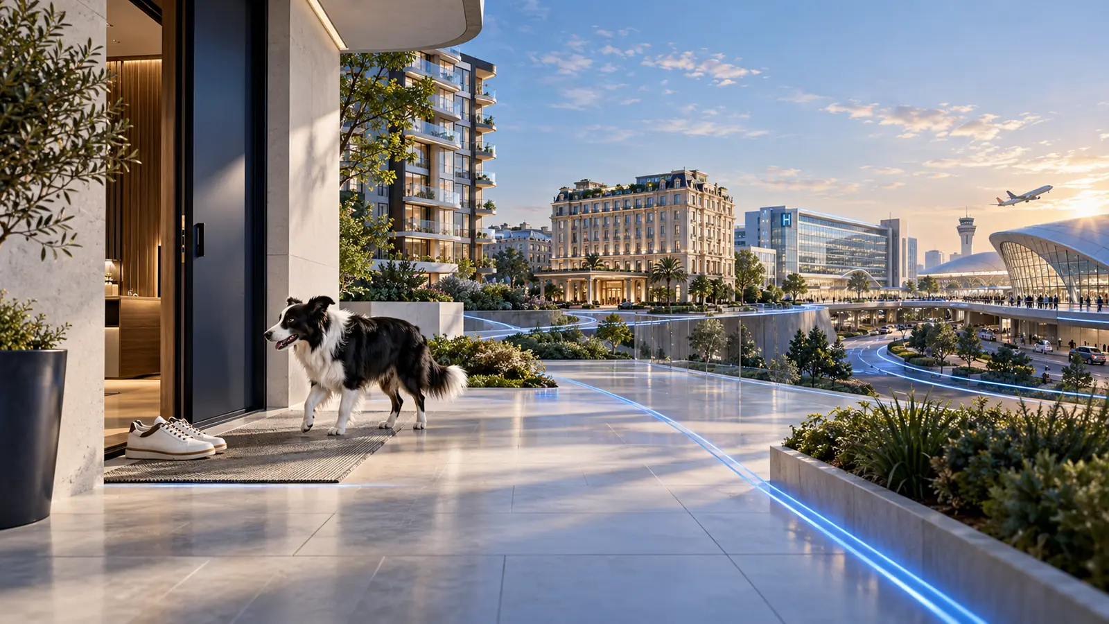 Border Collie davanti a un ingresso con edifici, hotel, ospedale e aeroporto sullo sfondo