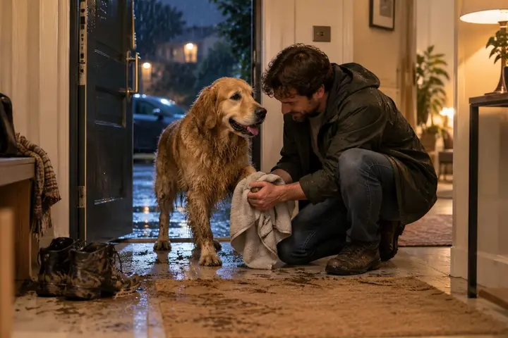 Pulizia manuale delle zampe di un cane