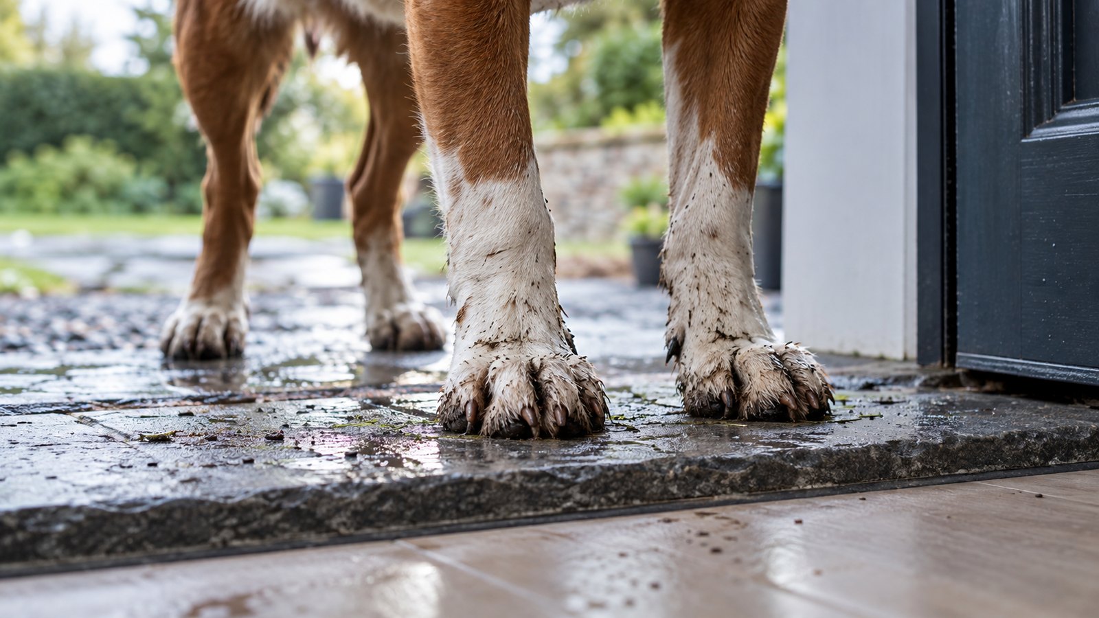Scena illustrativa: zampe canine con terra e piccoli residui vegetali alla soglia dopo una passeggiata.