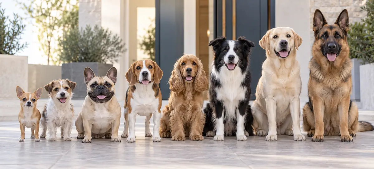Otto cani di razze e taglie diverse, dal Chihuahua al Pastore Tedesco, davanti a un ingresso contemporaneo