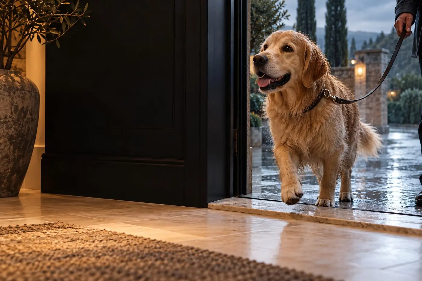 Cane che rientra attraverso la soglia di casa
