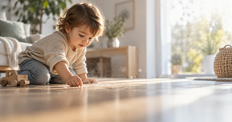 Bambino che gioca sul pavimento di casa in prossimità di polvere fine illuminata dal sole.