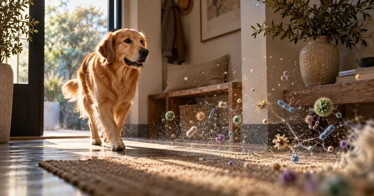 Golden retriever in casa con rappresentazione illustrativa della diversità microbica ambientale.