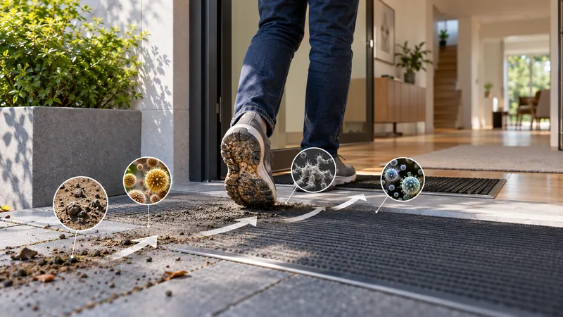 Zona di transizione di un ingresso moderno con tappeto tecnico e particelle illustrate lungo il percorso.