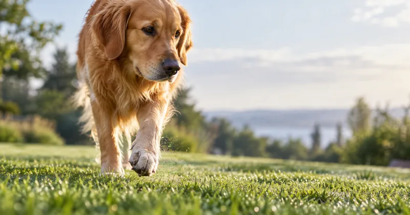 Golden retriever che cammina su un prato umido, con attenzione alle zampe a contatto con l’erba.