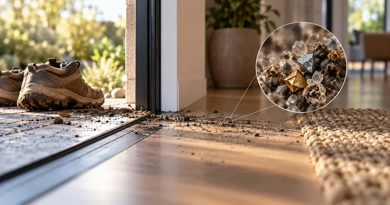 Detriti e particelle di terreno trasportati verso l’interno in prossimità della soglia di casa.