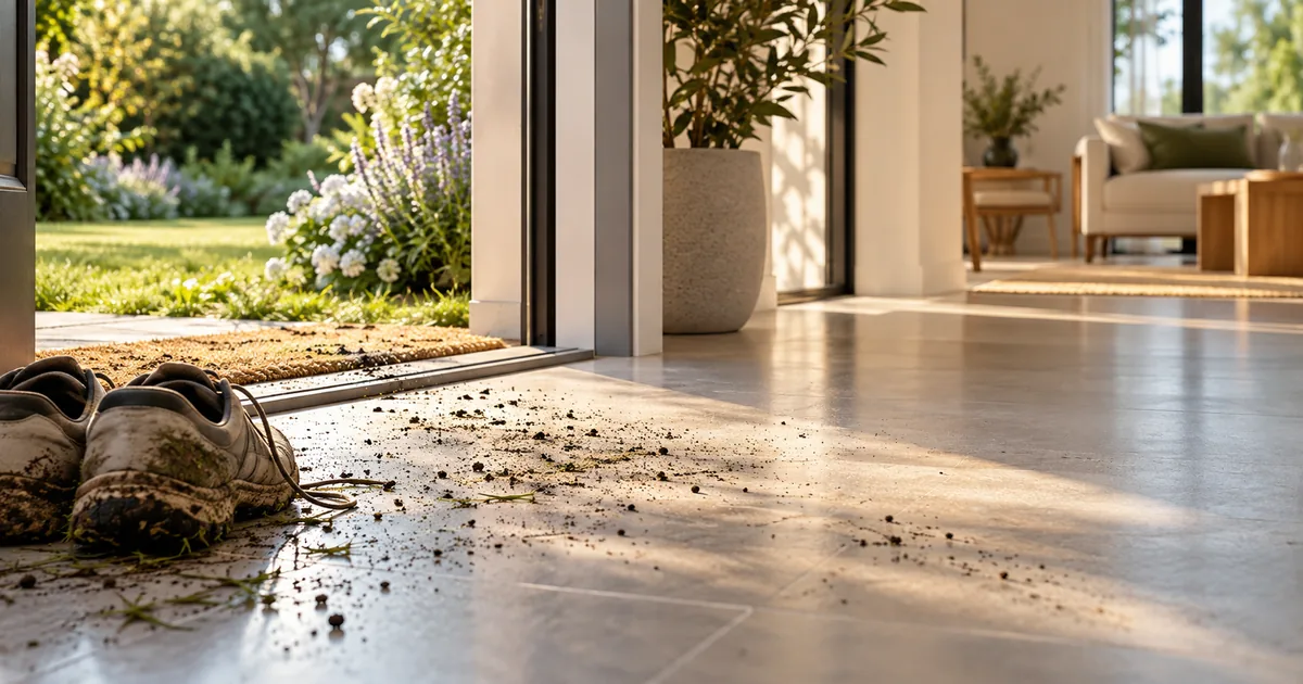 Scarpe e residui di terreno alla soglia tra giardino e ambiente domestico.