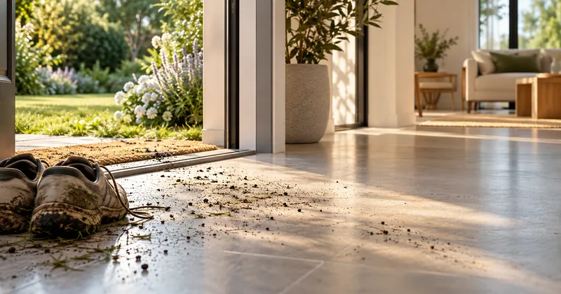 Scarpe e residui di terreno alla soglia tra giardino e ambiente domestico.
