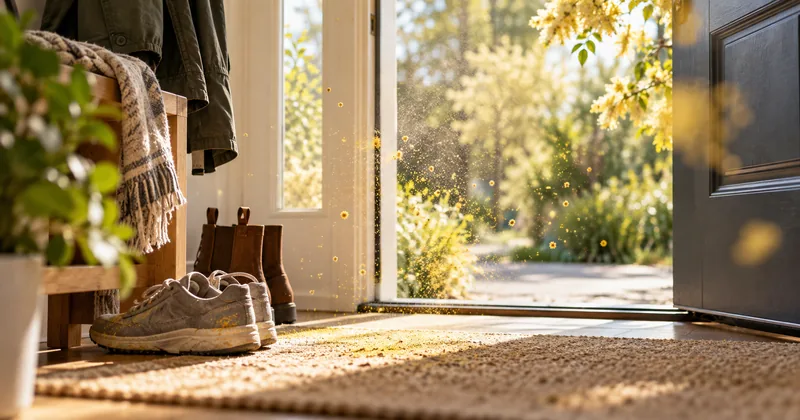 Ingresso domestico illuminato dal sole con rappresentazione del polline sospeso vicino a scarpe e abiti.